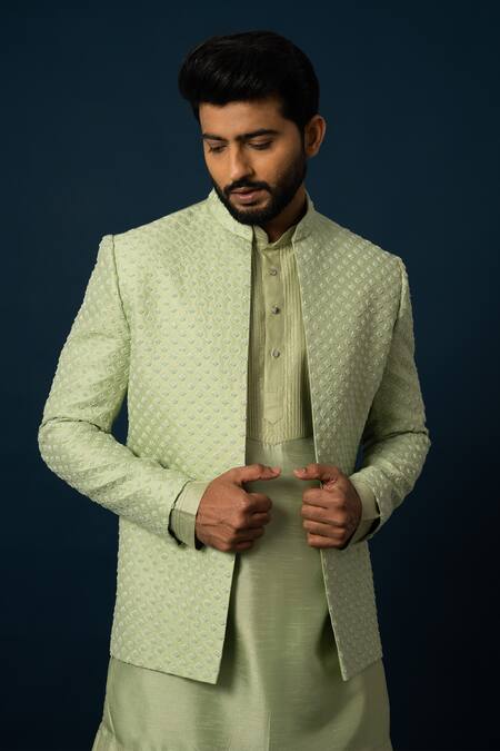 Buy Yoseba Green Bamboo, Cotton Embroidery, Beads Jacket With Kurta Set Online at Aza Fashions Buy_Yoseba_Green Bamboo, Cotton Embroidery, Beads Jacket With Kurta Set _Online_at_Aza_Fashions
