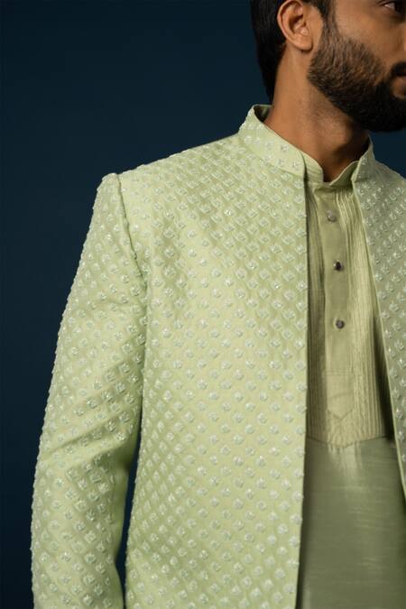 Shop Yoseba Green Bamboo, Cotton Embroidery, Beads Jacket With Kurta Set Online at Aza Fashions Shop_Yoseba_Green Bamboo, Cotton Embroidery, Beads Jacket With Kurta Set _Online_at_Aza_Fashions