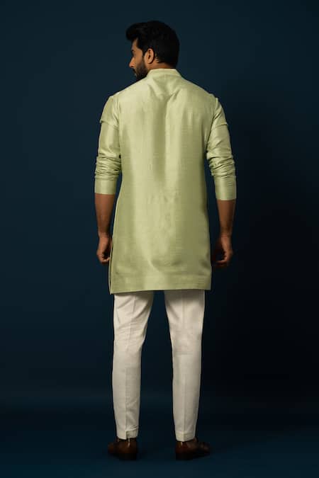 Shop Yoseba Green Bamboo, Cotton Embroidery Pintuck Detail Kurta With Pyjama at Aza Fashions Shop_Yoseba_Green Bamboo, Cotton Embroidery Pintuck Detail Kurta With Pyjama _at_Aza_Fashions