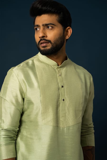 Shop Yoseba Green Bamboo, Cotton Embroidery Pintuck Detail Kurta With Pyjama Online at Aza Fashions Shop_Yoseba_Green Bamboo, Cotton Embroidery Pintuck Detail Kurta With Pyjama _Online_at_Aza_Fashions