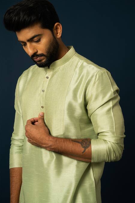 Yoseba Green Bamboo, Cotton Embroidery Pintuck Detail Kurta With Pyjama at Aza Fashions Yoseba_Green Bamboo, Cotton Embroidery Pintuck Detail Kurta With Pyjama _at_Aza_Fashions