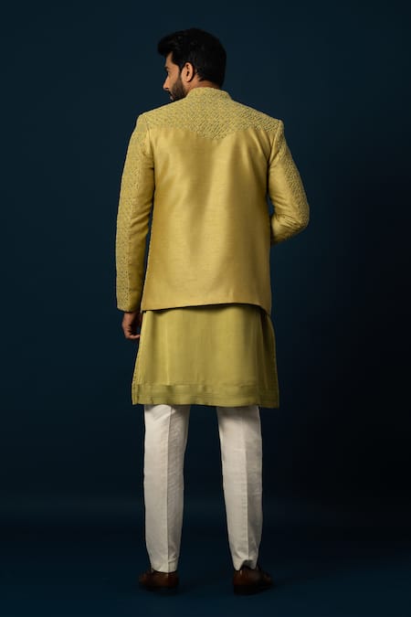 Shop Yoseba Green Bamboo, Cotton Embroidery, Beads Verdent Jacket And Kurta Set at Aza Fashions Shop_Yoseba_Green Bamboo, Cotton Embroidery, Beads Verdent Jacket And Kurta Set _at_Aza_Fashions