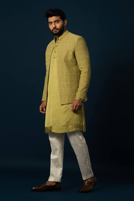 Yoseba Green Bamboo, Cotton Embroidery, Beads Verdent Jacket And Kurta Set Online at Aza Fashions Yoseba_Green Bamboo, Cotton Embroidery, Beads Verdent Jacket And Kurta Set _Online_at_Aza_Fashions