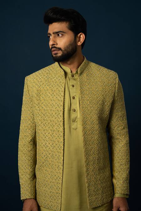 Buy Yoseba Green Bamboo, Cotton Embroidery, Beads Verdent Jacket And Kurta Set Online at Aza Fashions Buy_Yoseba_Green Bamboo, Cotton Embroidery, Beads Verdent Jacket And Kurta Set _Online_at_Aza_Fashions