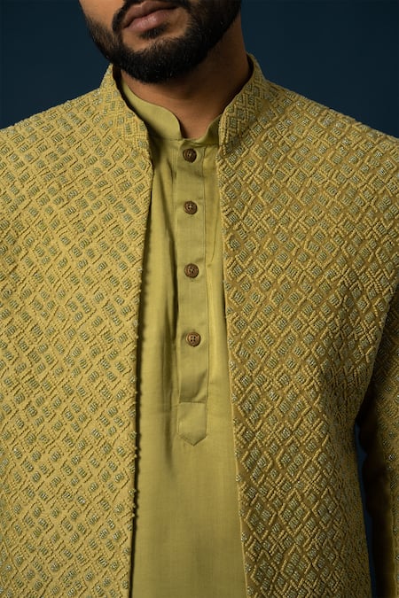 Shop Yoseba Green Bamboo, Cotton Embroidery, Beads Verdent Jacket And Kurta Set Online at Aza Fashions Shop_Yoseba_Green Bamboo, Cotton Embroidery, Beads Verdent Jacket And Kurta Set _Online_at_Aza_Fashions