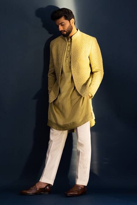 Yoseba Green Bamboo, Cotton Embroidery, Beads Verdent Jacket And Kurta Set at Aza Fashions Yoseba_Green Bamboo, Cotton Embroidery, Beads Verdent Jacket And Kurta Set _at_Aza_Fashions