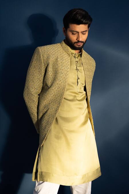 Buy Yoseba Green Bamboo, Cotton Embroidery, Beads Verdent Jacket And Kurta Set Buy_Yoseba_Green Bamboo, Cotton Embroidery, Beads Verdent Jacket And Kurta Set