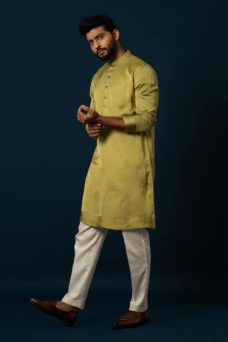 Shop Yoseba Green Bamboo, Cotton Embroidery Verdent Pintuck Detail Kurta With Pyjama Online at Aza Fashions Shop_Yoseba_Green Bamboo, Cotton Embroidery Verdent Pintuck Detail Kurta With Pyjama _Online_at_Aza_Fashions