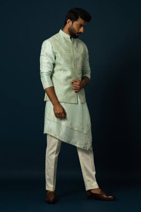 Buy_Yoseba_Green Bamboo Sequins, Embroidery Light Nehru Jacket _Online_at_Aza_Fashions