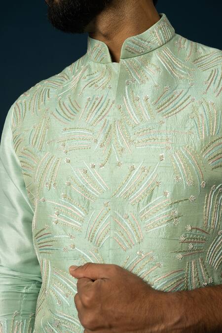 Yoseba_Green Bamboo Sequins, Embroidery Light Nehru Jacket _at_Aza_Fashions