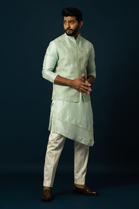 YOSEBA Green Kurta And Jacket Bam Silk Embroidered Thread Seaform Work Nehru & Set 