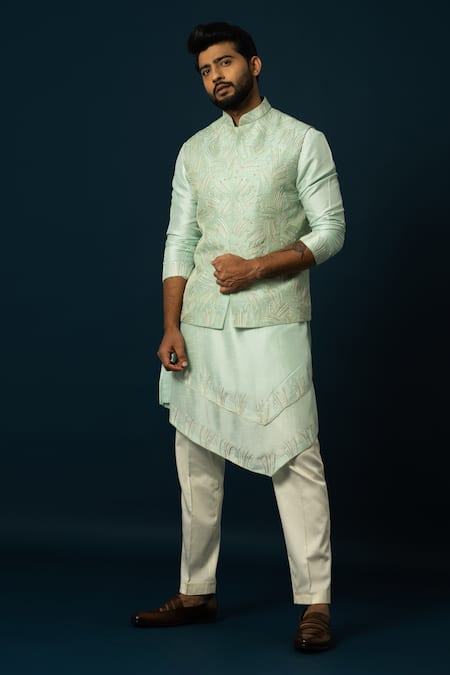 Yoseba Green Bamboo, Cotton Sequins, Embroidery Light Nehru Jacket Set Online at Aza Fashions Yoseba_Green Bamboo, Cotton Sequins, Embroidery Light Nehru Jacket Set _Online_at_Aza_Fashions