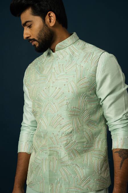 Yoseba Green Bamboo, Cotton Sequins, Embroidery Light Nehru Jacket Set at Aza Fashions Yoseba_Green Bamboo, Cotton Sequins, Embroidery Light Nehru Jacket Set _at_Aza_Fashions