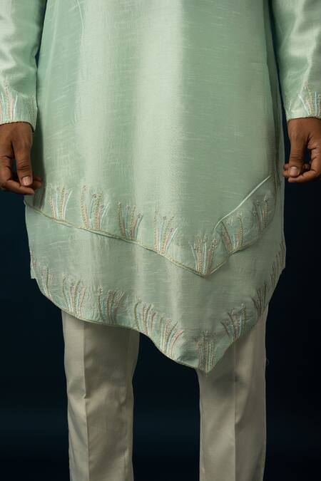 Shop Yoseba Green Bamboo, Cotton Sequins, Embroidery Seaform Thread Work Kurta With Pyjama Online at Aza Fashions Shop_Yoseba_Green Bamboo, Cotton Sequins, Embroidery Seaform Thread Work Kurta With Pyjama _Online_at_Aza_Fashions
