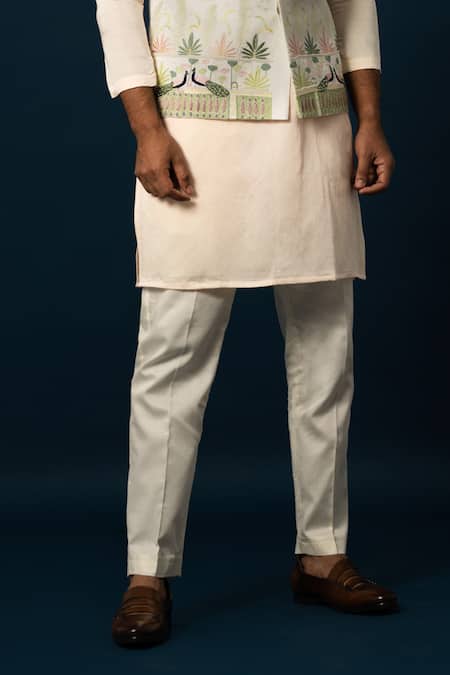 Yoseba Ivory Linen, Cotton, Satin Embroidery Floral Peacock Nehru Jacket Set Online at Aza Fashions Yoseba_Ivory Linen, Cotton, Satin Embroidery Floral Peacock Nehru Jacket Set _Online_at_Aza_Fashions