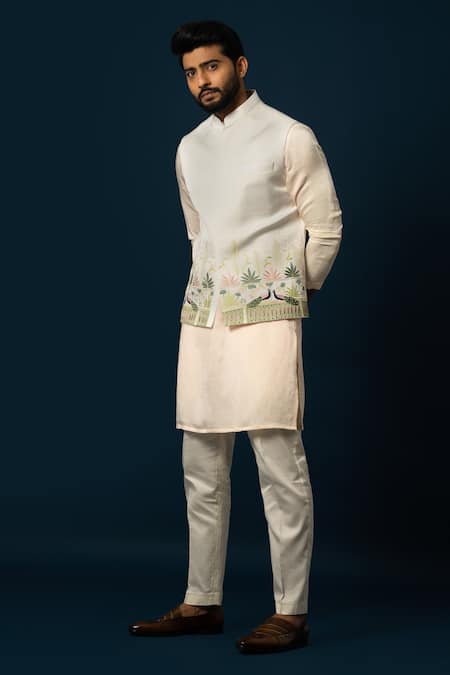 Buy Yoseba Ivory Linen, Cotton, Satin Embroidery Floral Peacock Nehru Jacket Set Online at Aza Fashions Buy_Yoseba_Ivory Linen, Cotton, Satin Embroidery Floral Peacock Nehru Jacket Set _Online_at_Aza_Fashions