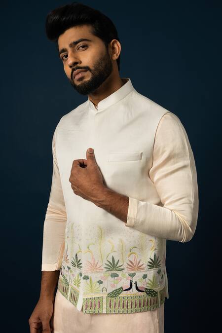 Shop Yoseba Ivory Linen, Cotton, Satin Embroidery Floral Peacock Nehru Jacket Set Online at Aza Fashions Shop_Yoseba_Ivory Linen, Cotton, Satin Embroidery Floral Peacock Nehru Jacket Set _Online_at_Aza_Fashions