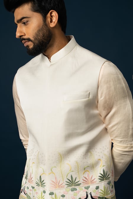 Yoseba Ivory Linen, Cotton, Satin Embroidery Floral Peacock Nehru Jacket Set at Aza Fashions Yoseba_Ivory Linen, Cotton, Satin Embroidery Floral Peacock Nehru Jacket Set _at_Aza_Fashions