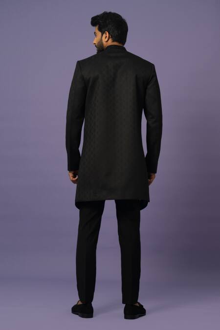 Shop_Yoseba_Black Polyester Cut Work Textured Achkan With Trousers _at_Aza_Fashions