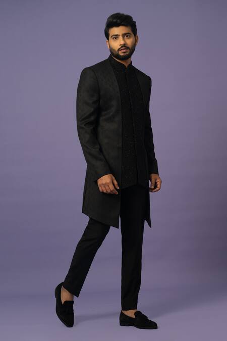 Yoseba_Black Polyester Cut Work Textured Achkan With Trousers _Online_at_Aza_Fashions