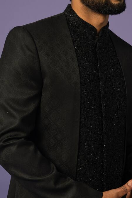 Shop_Yoseba_Black Polyester Cut Work Textured Achkan With Trousers _Online_at_Aza_Fashions