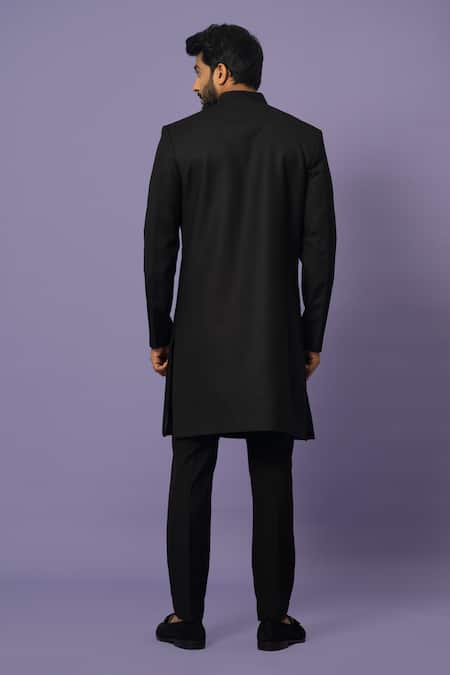 Shop Yoseba Black Wool Sequins, Cut Work Embroidered Panel Achkan With Trousers at Aza Fashions Shop_Yoseba_Black Wool Sequins, Cut Work Embroidered Panel Achkan With Trousers _at_Aza_Fashions