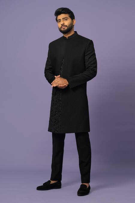 Yoseba Black Wool Sequins, Cut Work Embroidered Panel Achkan With Trousers Online at Aza Fashions Yoseba_Black Wool Sequins, Cut Work Embroidered Panel Achkan With Trousers _Online_at_Aza_Fashions
