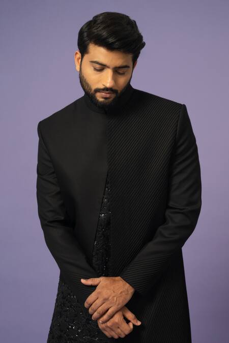 Buy Yoseba Black Wool Sequins, Cut Work Embroidered Panel Achkan With Trousers Online at Aza Fashions Buy_Yoseba_Black Wool Sequins, Cut Work Embroidered Panel Achkan With Trousers _Online_at_Aza_Fashions