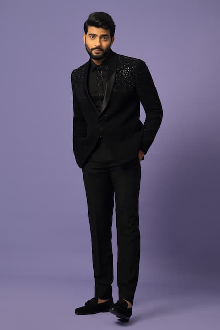 Yoseba_Black Cotton, Polyester Cut Work, Sequins Embroidered Blazer And Trouser Set For Kids_Online_at_Aza_Fashions