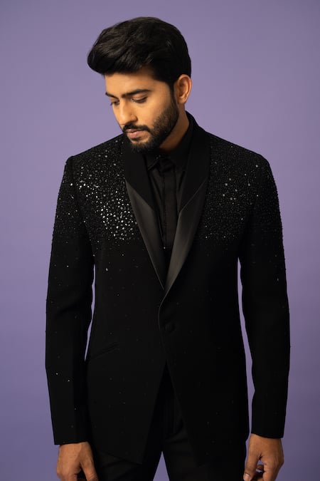 Buy_Yoseba_Black Cotton, Polyester Cut Work, Sequins Embroidered Blazer And Trouser Set For Kids_Online_at_Aza_Fashions