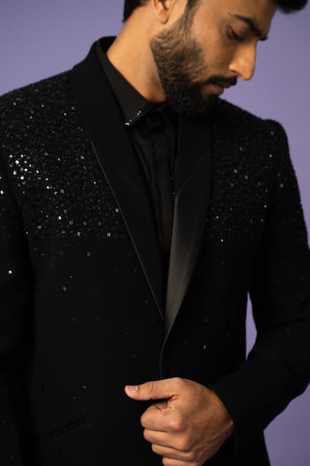 Shop_Yoseba_Black Cotton, Polyester Cut Work, Sequins Embroidered Blazer And Trouser Set For Kids_Online_at_Aza_Fashions