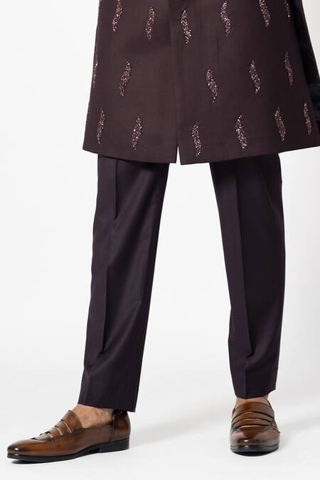 Yoseba_Brown Piping Carob Double Tiered Achkan With Trouser _Online_at_Aza_Fashions