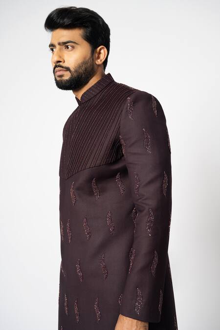 Yoseba_Brown Piping Carob Double Tiered Achkan With Trouser _at_Aza_Fashions