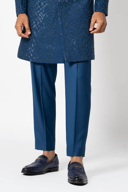 Yoseba Blue Cotton Cut Work Azure Embroidered Achkan With Trouser Online at Aza Fashions Yoseba_Blue Cotton Cut Work Azure Embroidered Achkan With Trouser _Online_at_Aza_Fashions