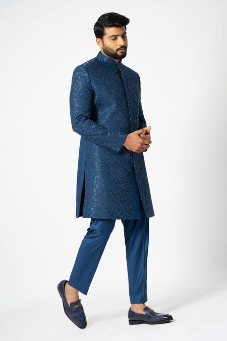 Shop Yoseba Blue Cotton Cut Work Azure Embroidered Achkan With Trouser Online at Aza Fashions Shop_Yoseba_Blue Cotton Cut Work Azure Embroidered Achkan With Trouser _Online_at_Aza_Fashions