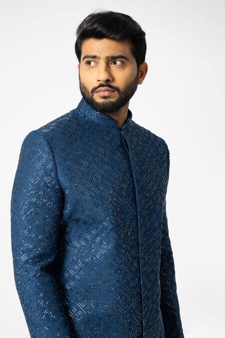 Buy Yoseba Blue Cotton Cut Work Azure Embroidered Achkan With Trouser Buy_Yoseba_Blue Cotton Cut Work Azure Embroidered Achkan With Trouser