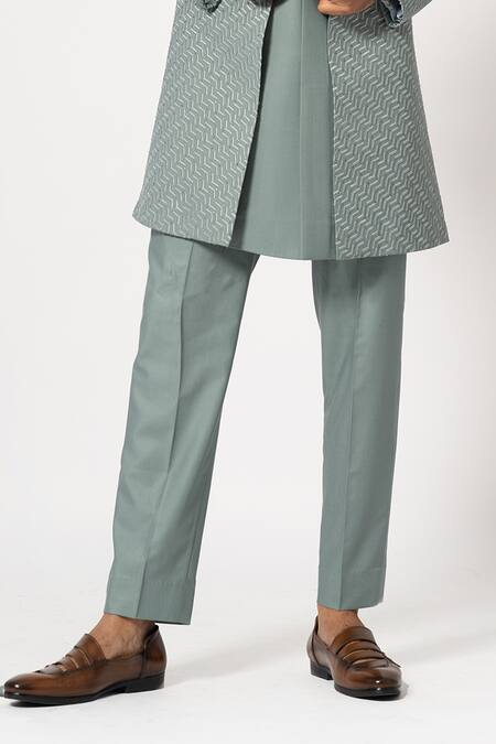 Yoseba Grey Cotton, Polyester Embroidery Dove Achkan With Trouser Online at Aza Fashions Yoseba_Grey Cotton, Polyester Embroidery Dove Achkan With Trouser _Online_at_Aza_Fashions