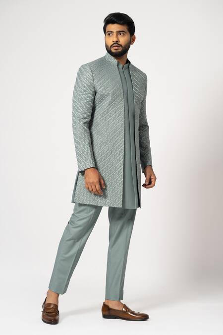 Buy Yoseba Grey Cotton, Polyester Embroidery Dove Achkan With Trouser Online at Aza Fashions Buy_Yoseba_Grey Cotton, Polyester Embroidery Dove Achkan With Trouser _Online_at_Aza_Fashions