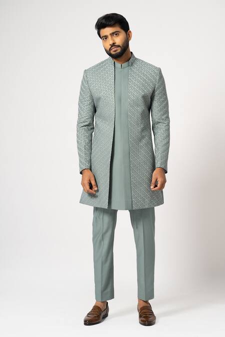 Shop Yoseba Grey Cotton, Polyester Embroidery Dove Achkan With Trouser Online at Aza Fashions Shop_Yoseba_Grey Cotton, Polyester Embroidery Dove Achkan With Trouser _Online_at_Aza_Fashions