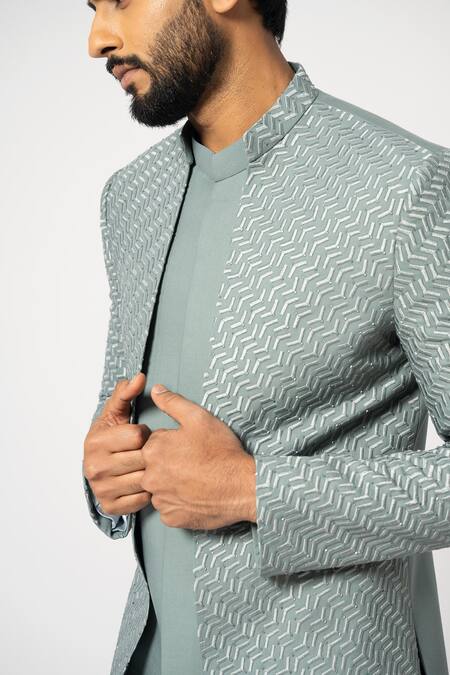 Yoseba Grey Cotton, Polyester Embroidery Dove Achkan With Trouser at Aza Fashions Yoseba_Grey Cotton, Polyester Embroidery Dove Achkan With Trouser _at_Aza_Fashions