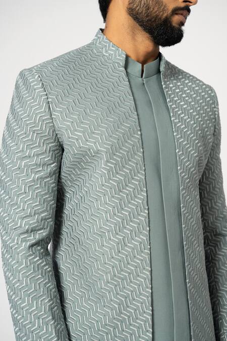 Buy Yoseba Grey Cotton, Polyester Embroidery Dove Achkan With Trouser Buy_Yoseba_Grey Cotton, Polyester Embroidery Dove Achkan With Trouser