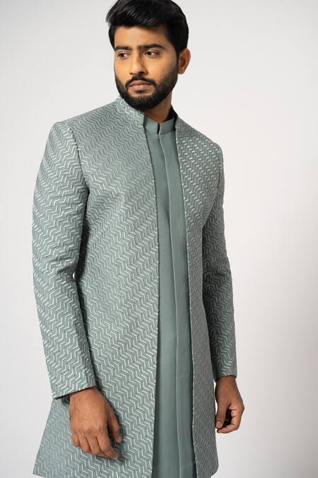 Shop Yoseba Grey Cotton, Polyester Embroidery Dove Achkan With Trouser Shop_Yoseba_Grey Cotton, Polyester Embroidery Dove Achkan With Trouser