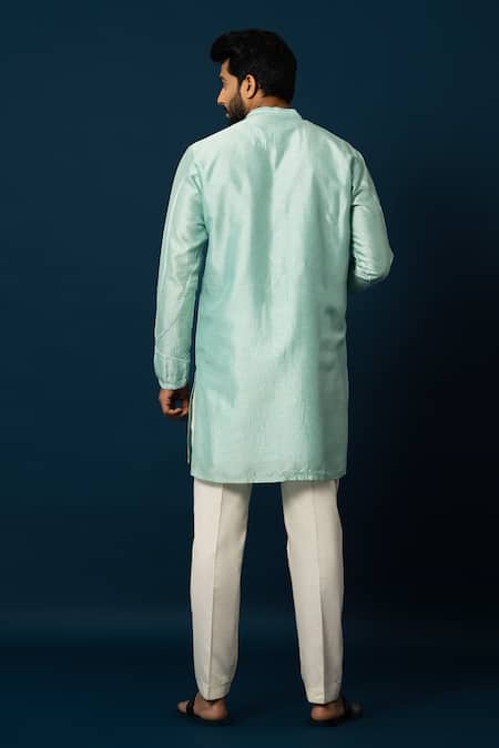 Shop_Yoseba_Green Bamboo, Cotton Embroidery Chain Stitch Kurta With Pyjama _at_Aza_Fashions