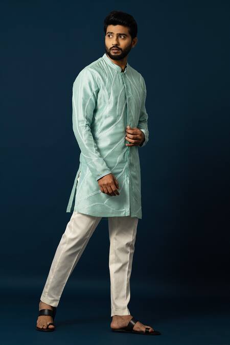 Yoseba_Green Bamboo, Cotton Embroidery Chain Stitch Kurta With Pyjama _Online_at_Aza_Fashions