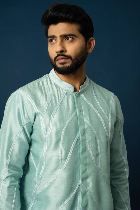 Shop_Yoseba_Green Bamboo, Cotton Embroidery Chain Stitch Kurta With Pyjama _Online_at_Aza_Fashions