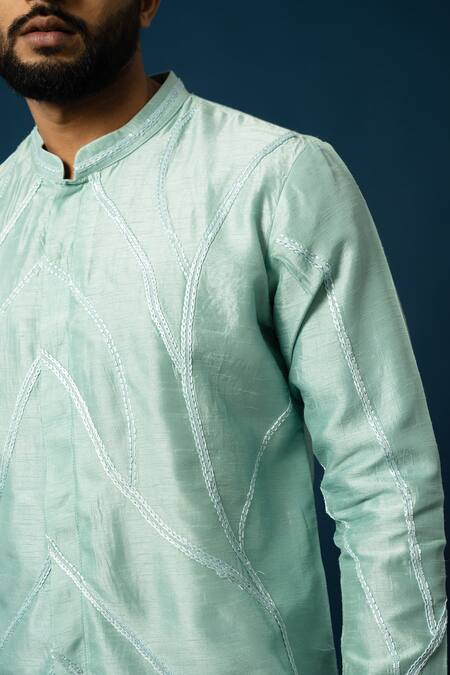 Yoseba_Green Bamboo, Cotton Embroidery Chain Stitch Kurta With Pyjama _at_Aza_Fashions