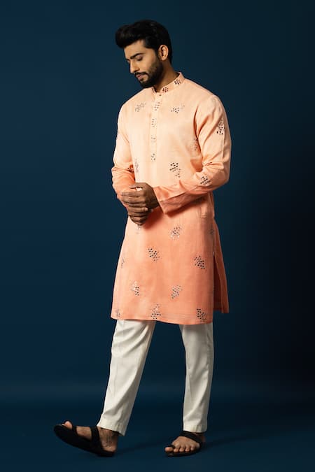 Buy Yoseba Orange Bamboo, Cotton Embroidery Ombre Kurta With Pyjama Online at Aza Fashions Buy_Yoseba_Orange Bamboo, Cotton Embroidery Ombre Kurta With Pyjama _Online_at_Aza_Fashions