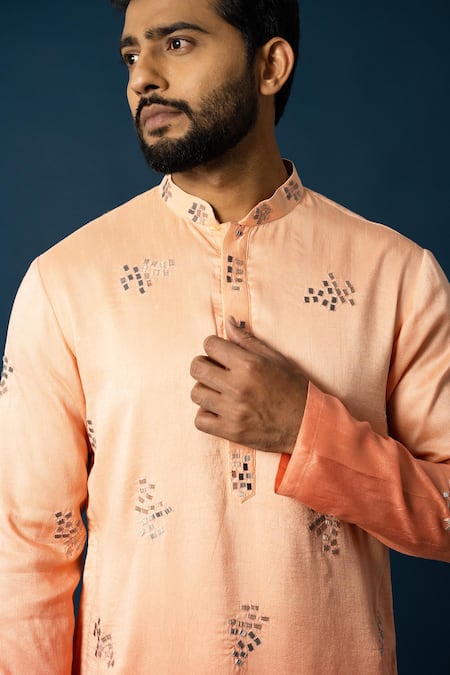 Shop Yoseba Orange Bamboo, Cotton Embroidery Ombre Kurta With Pyjama Online at Aza Fashions Shop_Yoseba_Orange Bamboo, Cotton Embroidery Ombre Kurta With Pyjama _Online_at_Aza_Fashions