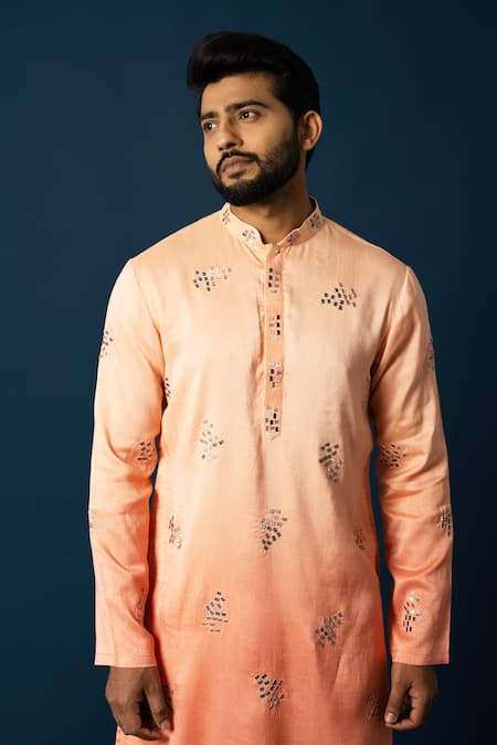 Yoseba Orange Bamboo, Cotton Embroidery Ombre Kurta With Pyjama at Aza Fashions Yoseba_Orange Bamboo, Cotton Embroidery Ombre Kurta With Pyjama _at_Aza_Fashions