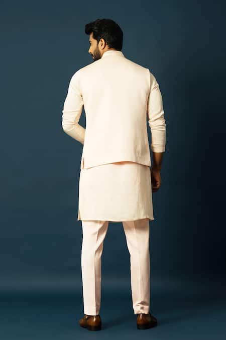 Shop_Yoseba_Pink Linen, Satin Embroidery Abstract Nehru Jacket _at_Aza_Fashions